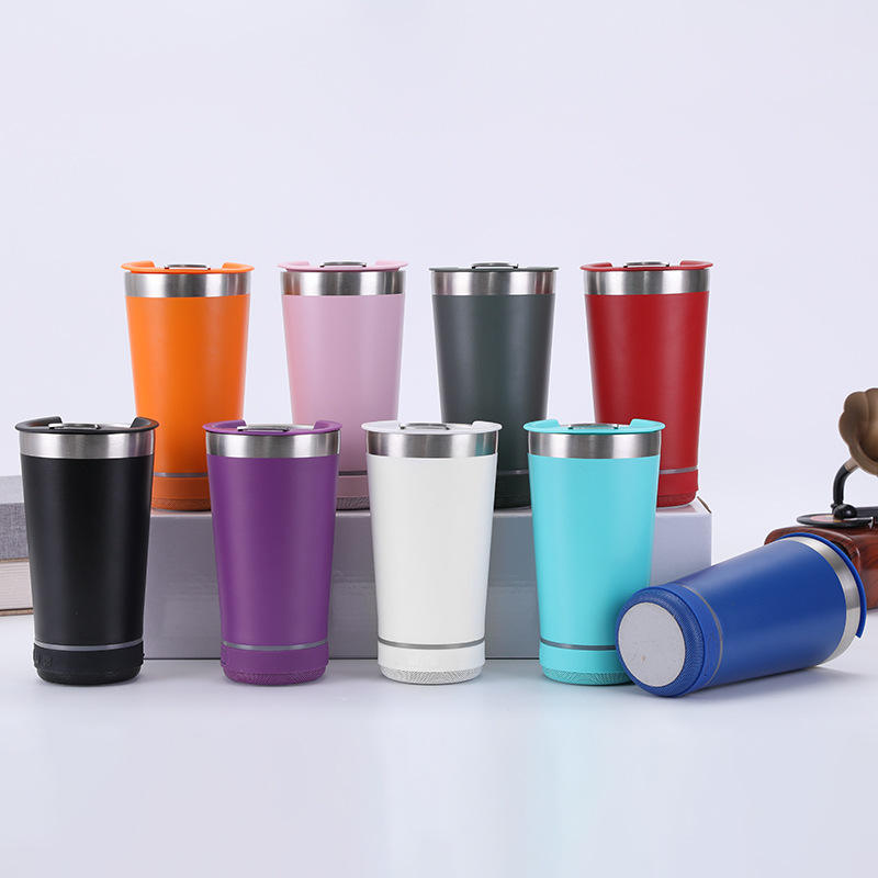 16oz Double Wall Smart Stainless Steel Tumbler Cup with Music Speaker, Bottle Opener for Travel